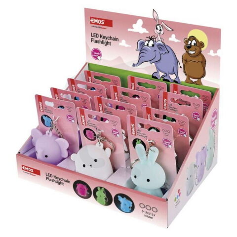 LED silikonová klíčenka - zvířátka, 12 ks, display box EMOS P4723