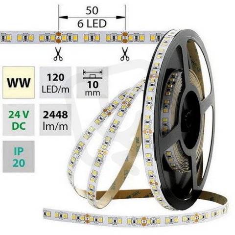 LED pásek SMD2835 WW, 120LED/m, 28,8W/m, 2448lm/m, IP20, DC 24V, 10mm, 5m