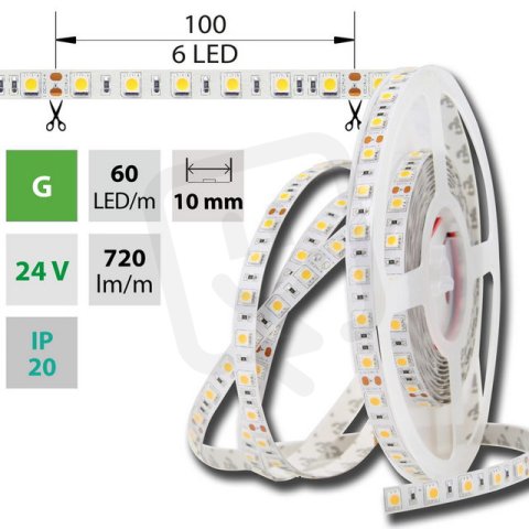LED pásek SMD5050 G, 60LED/m, 14,4W/m, DC 24V, 720lm/m, IP20, 10mm, 50m
