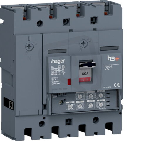 Kompaktní jistič h3+ P250 LSI 70 kA, 4-pólový, In 100 A HAGER HET101JR