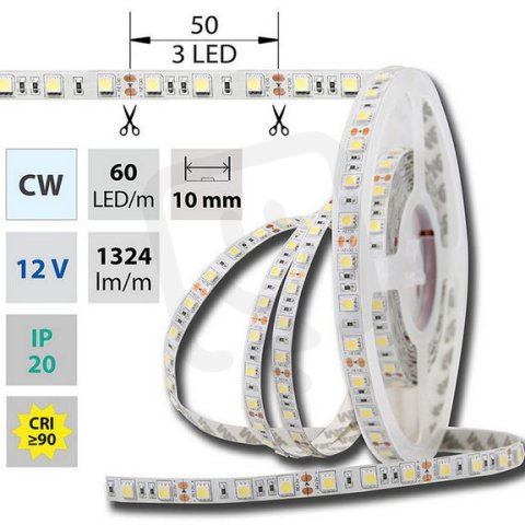 LED pásek SMD5050 CW, 60LED/m, 14,4W/m, DC 12V, 1515lm/m, IP20, 10mm, 50m