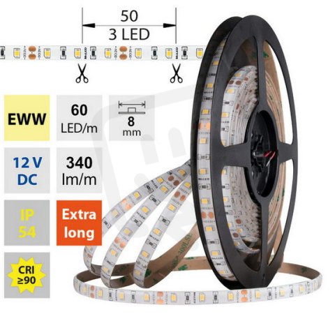 LED pásek SMD2835 EWW, 60LED/m, 4,8W/m, DC 12V, 340lm/m, CRI90, IP54, 8mm, 5m