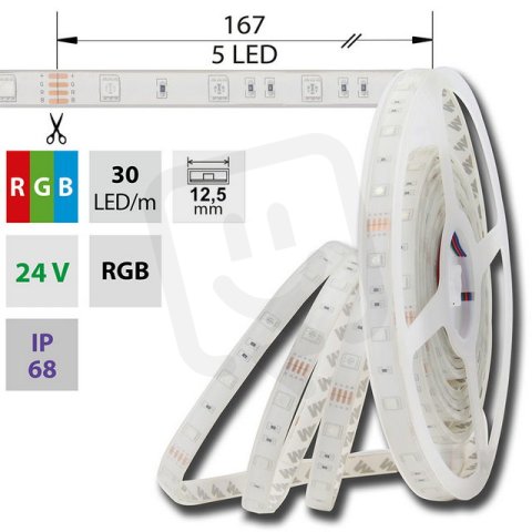 LED pásek SMD5050 RGB, 30LED/m, IP68, DC 24V, 12,5mm, 5m