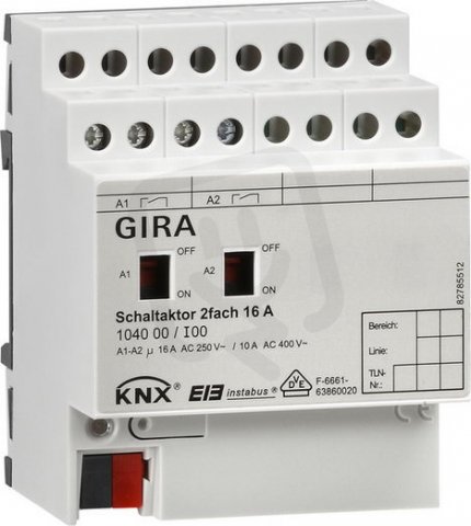 Spínací člen 2x 16 A KNX p.na l. DIN GIRA 104000