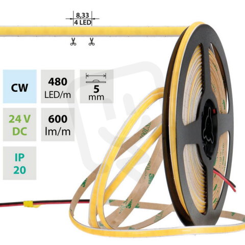 LED pásek COB CW 480LED/m 6W/m DC 24V 600lm/m CRI90 IP20 modul 8,33mm 5mm 50m