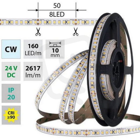 LED pásek SMD2835 CW, 160LED/m, 19,2W/m, DC 24V, 2617lm/m, CRI90, IP20, 10mm, 5m