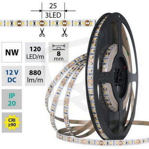 LED pásek SMD2835 NW, 120LED/m, 9,6W/m, DC 12V, 880lm/m, CRI90, IP20, 8mm, 5m