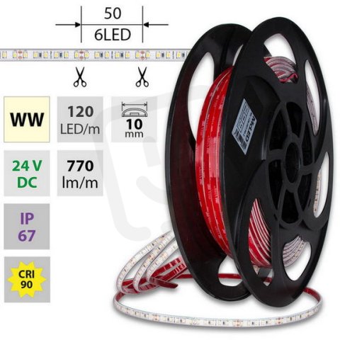 LED pásek SMD2835 WW, 120LED/m, 9,6W/m, DC 24V, 770lm/m, CRI90, IP67, 10mm, 50m
