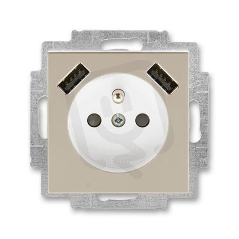 ABB Levit Zásuvka s kolíkem s clonkami s nabíjením 2x USB macchiato/bílá