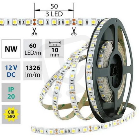LED pásek SMD5050 NW, 60LED/m, 14,4W/m, 1296lm/m, IP20, DC 12V, 10mm, 5m