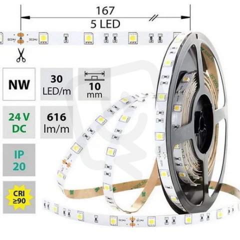 LED pásek SMD5050 NW, 30LED/m, 8,5W/m, 616lm/m, IP20, DC 24V, 10mm, 5m
