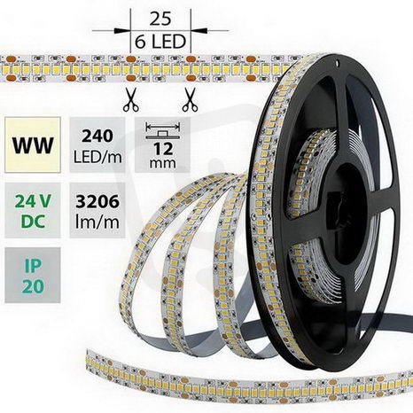 LED pásek SMD2835 WW, 240LED/m, 38,4W/m, 3206lm/m, IP20, DC 24V, 12mm, 50m