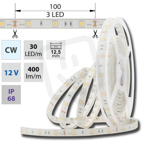 LED pásek SMD5050 studeně bílý, 30LED/m, IP68, DC 12V, 12,5mm, 5m