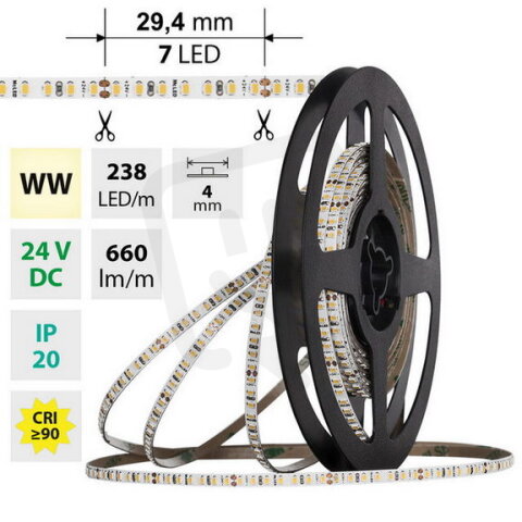 LED pásek SMD2216 WW, 238LED/m, 7,2W/m, DC 24V, 660lm/m, CRI90, IP20, 4mm, 10m