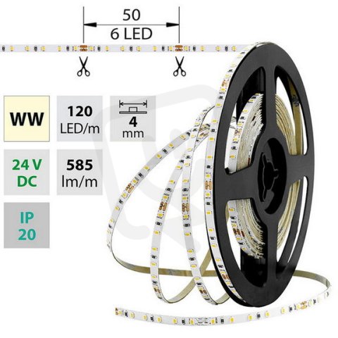 LED pásek SMD2216 WW, 120LED/m, 7,2W/m, DC 24V, 585lm/m, CRI90, IP20, 4mm, 5m