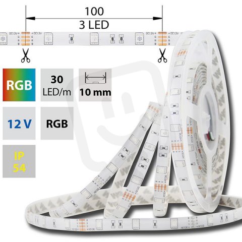 LED pásek SMD5050 RGB, 30LED/m, 7,2W/m, DC12V, 248lm/m, IP54, 10mm, 5m