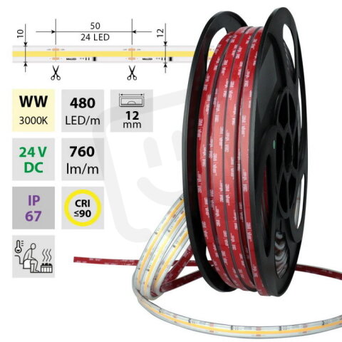 COB LED pásek WW, 480LED/m, 8W/m, 760lm/m, CRI90, IP67, DC24V, 105°C,12mm , 50m