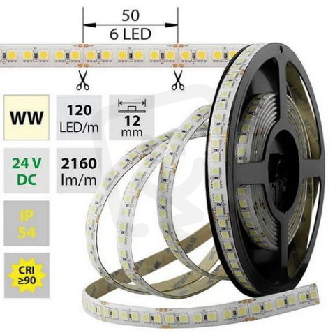LED pásek SMD5050 WW, 120LED/m, 28,8W/m, 2160lm/m, IP54, DC 24V, 12mm, 5m