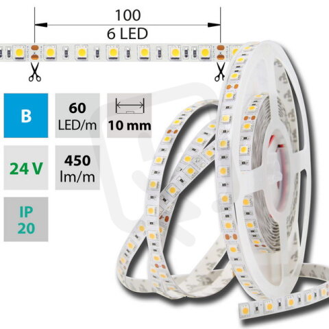 LED pásek SMD5050 B, 60LED/m, 14,4W/m, DC 24V, 450lm/m, IP20, 10mm, 50m