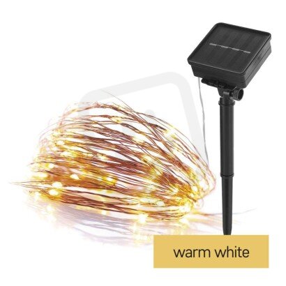 LED nano řetěz se solárním panelem, měděný, 12 m, venkovní, teplá bílá, časovač