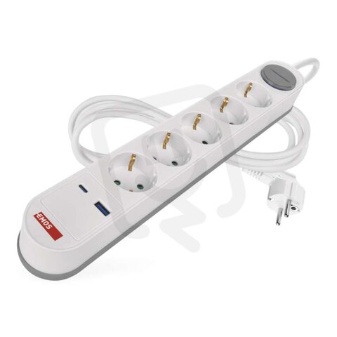 Prodlužovací kabel 3m, 5 zásuvek, vypínač, bílá, 1×USB-A/C, 1,5mm2, EMOS P1523FC