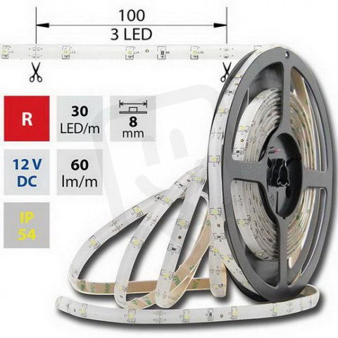 LED pásek SMD3528 červený, 30LED/m, IP54, DC 12V, 8mm, 5m