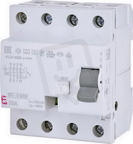 Proudový chránič EFI-4 A G/KV 25/0,03 10kA 30mA ETI 002062747
