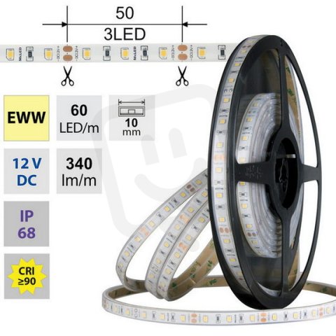 LED pásek SMD2835 EWW, 60LED/m, 4,8W/m, DC 12V, 340lm/m, CRI90, IP68, 10mm, 5m