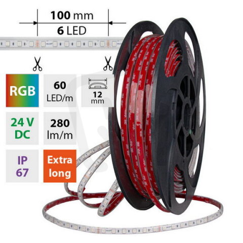 LED pásek SMD5050 RGB, 60LED/m, 8W/m, DC 24V, 280lm/m, IP67, 12mm, 50m