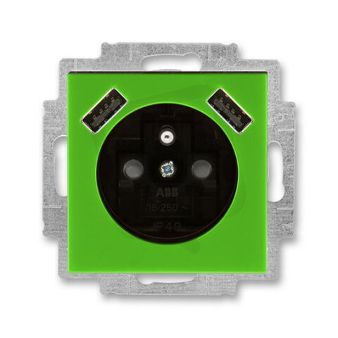 ABB Levit Zásuvka s kolíkem s clonkami s nabíjením 2x USB zelená/kouř. černá