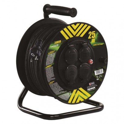 Venkovní prodlužovací kabel na bubnu 25 m 4 zás. černý guma-neopren 230V 2,5mm2