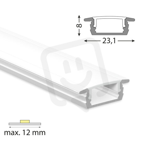 Vestavný hliníkový profil VP, 23x8 mm bílý včetně mléčného difuzoru, 3 m