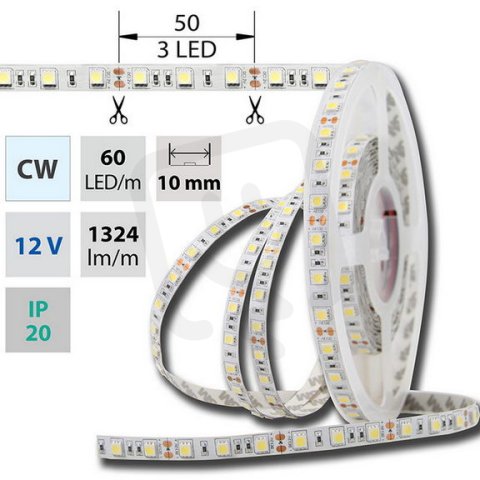 LED pásek SMD5050 CW, 60LED/m, 14,4W/m, DC 12V, 1515lm/m, IP20, 10mm, 5m