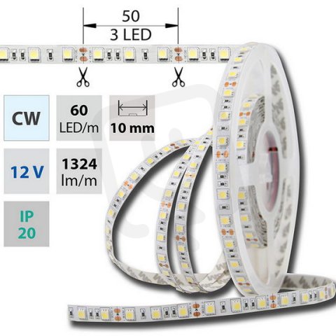 LED pásek SMD5050 studeně bílý,60LED/m,IP20,DC 12V,10mm 14,4W ML-121.599.60.0