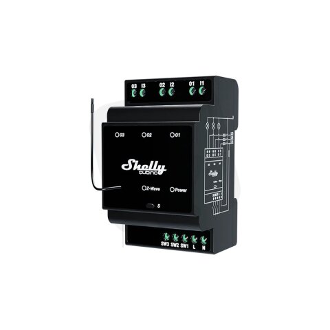 Spínací modul na DIN lištu Shelly Wave PRO 3 3x16A, Z-Wave.