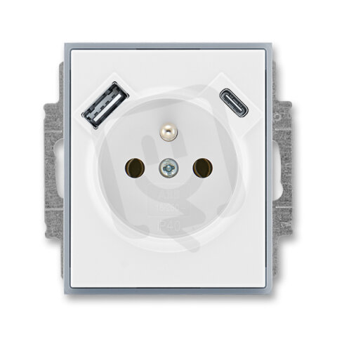 Zásuvka s kolíkem, s clonkami, USB-A/C bílá/ledová šedá ABB 5569E-A32357 04