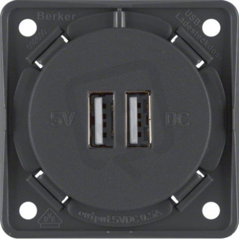 USB nabíjecí zásuvka 230 V, 2-násobná, 1 A Integro přístroje antracit, mat