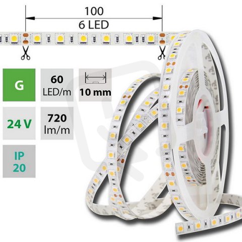 LED pásek SMD5050 zelený, 60LED/m, 14,4W/m, DC 24V, 720lm/m, IP20, 10mm, 5m