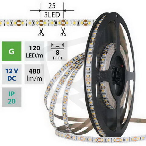 LED pásek SMD2835 zelený, 120LED/m, 9,6W/m, DC 12V, 480lm/m, IP20, 8mm, 5m