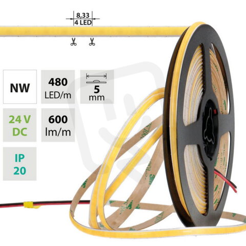 LED pásek COB NW 480LED/m 6W/m DC 24V 600lm/m CRI90 IP20 modul 8,33mm 5mm 50m
