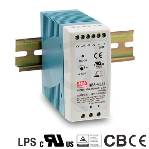 Napájecí spínaný zdroj na DIN 41W 24V 1,7A MEAN WELL DRA-40-24