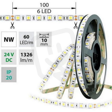 LED pásek SMD5050 NW, 60LED/m, 14,4W/m, 1296lm/m, IP20, DC 24V, 10mm, 5m