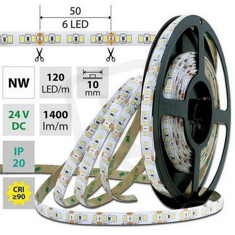 LED pásek SMD2835 NW, 120LED/m, 14W/m, DC 24V, 1400lm/m, CRI90, IP20, 10mm, 50m