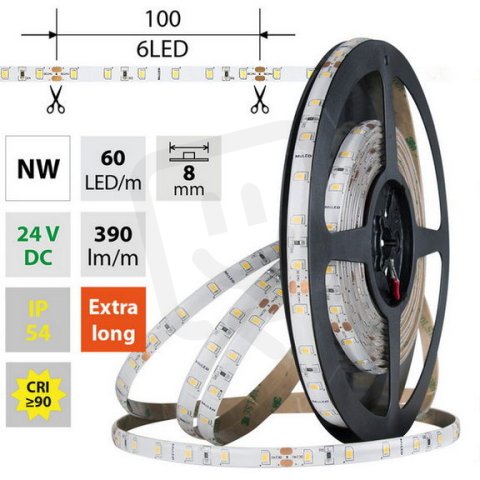 LED pásek SMD2835 NW, 60LED/m, 4,8W/m, DC 24V, 390lm/m, CRI90, IP54, 8mm, 5m