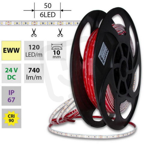 LED pásek SMD2835 EWW, 120LED/m, 9,6W/m, DC 24V, 740lm/m, CRI90, IP67, 10mm, 50m