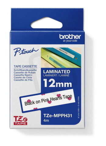 Páska BROTHER TZe-MPPH31 s růžovými srdci/černá (12mm, 4m)