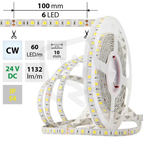 LED pásek SMD5050 CW, 60LED/m, 14,4W/m, 1132lm/m, IP54, DC 24V, 10mm, 5m