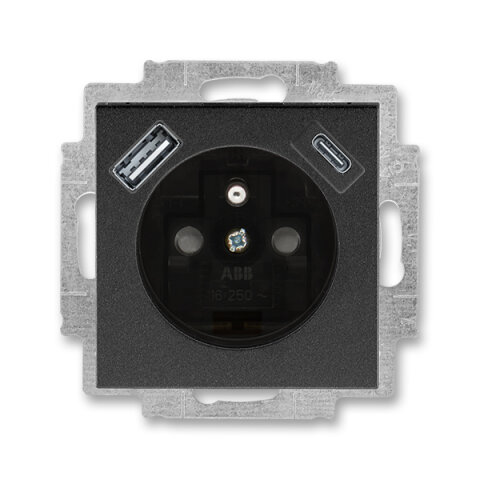 Zásuvka s kolíkem, s clonkami, USB-A/C onyx/kouřová černá ABB 5569H-A32357 63