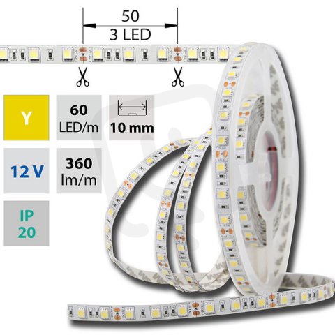 LED pásek SMD5050 žlutý, 60LED/m, 14,4W/m, DC 12V, 360lm/m, IP20, 10mm, 5m