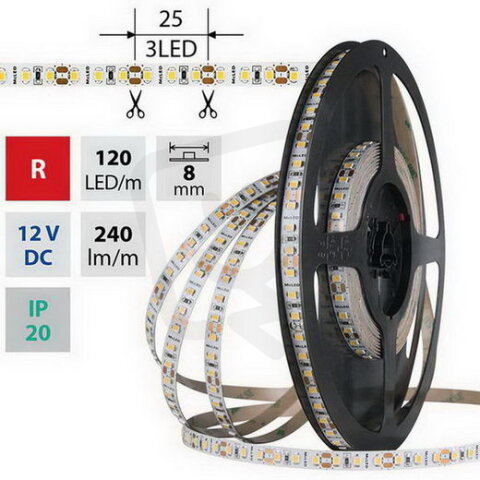 LED pásek SMD2835 červený, 120LED/m, 9,6W/m, DC 12V, 240lm/m, IP20, 8mm, 50m